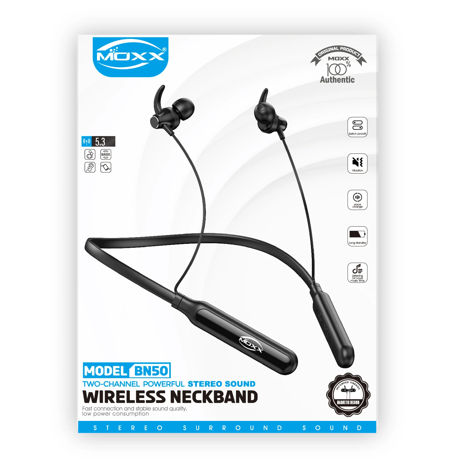 MOXX BN-50 WIRELESS NECKBAND HEADPHONE | TWO CHANNEL POWERFUL STEREO SOUND |