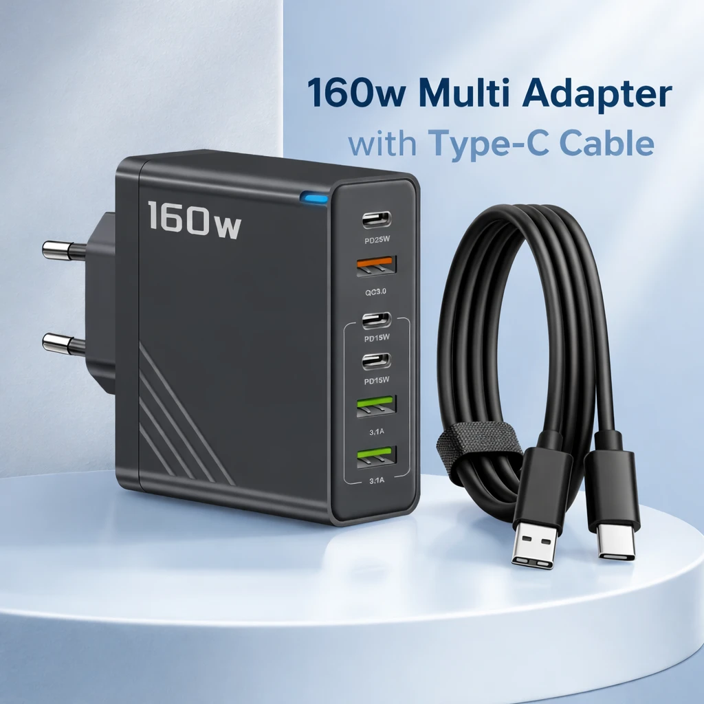 160W Super Fast Multi-Port GaN Charger with 6-in-1 Power Delivery & Type-C Cable