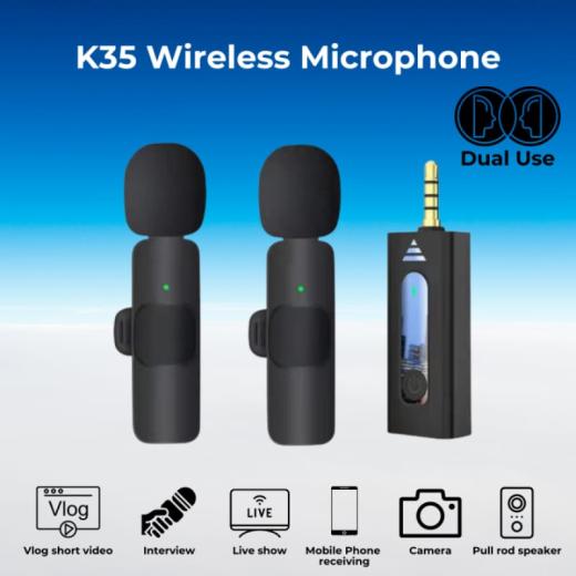 K35 Dual Wireless Microphone 3.5mm Supported for Camera, Sound card, Smartphone