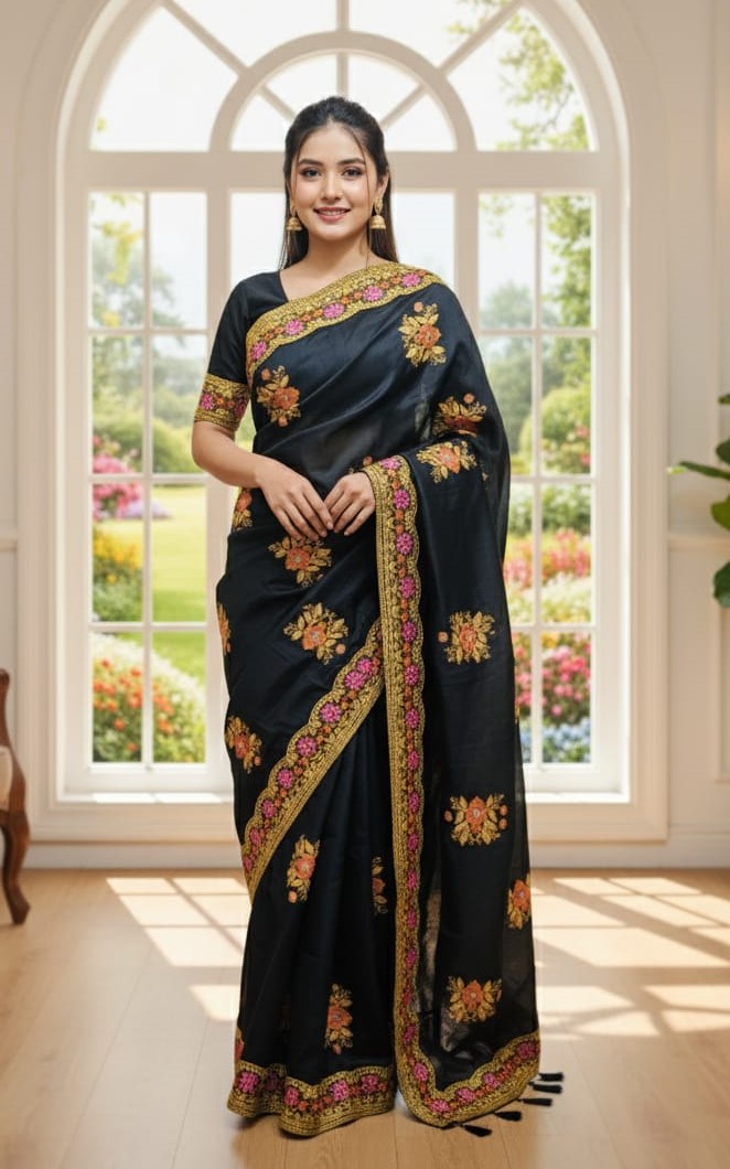 Premium Embroidery Semi Moslin Sharee