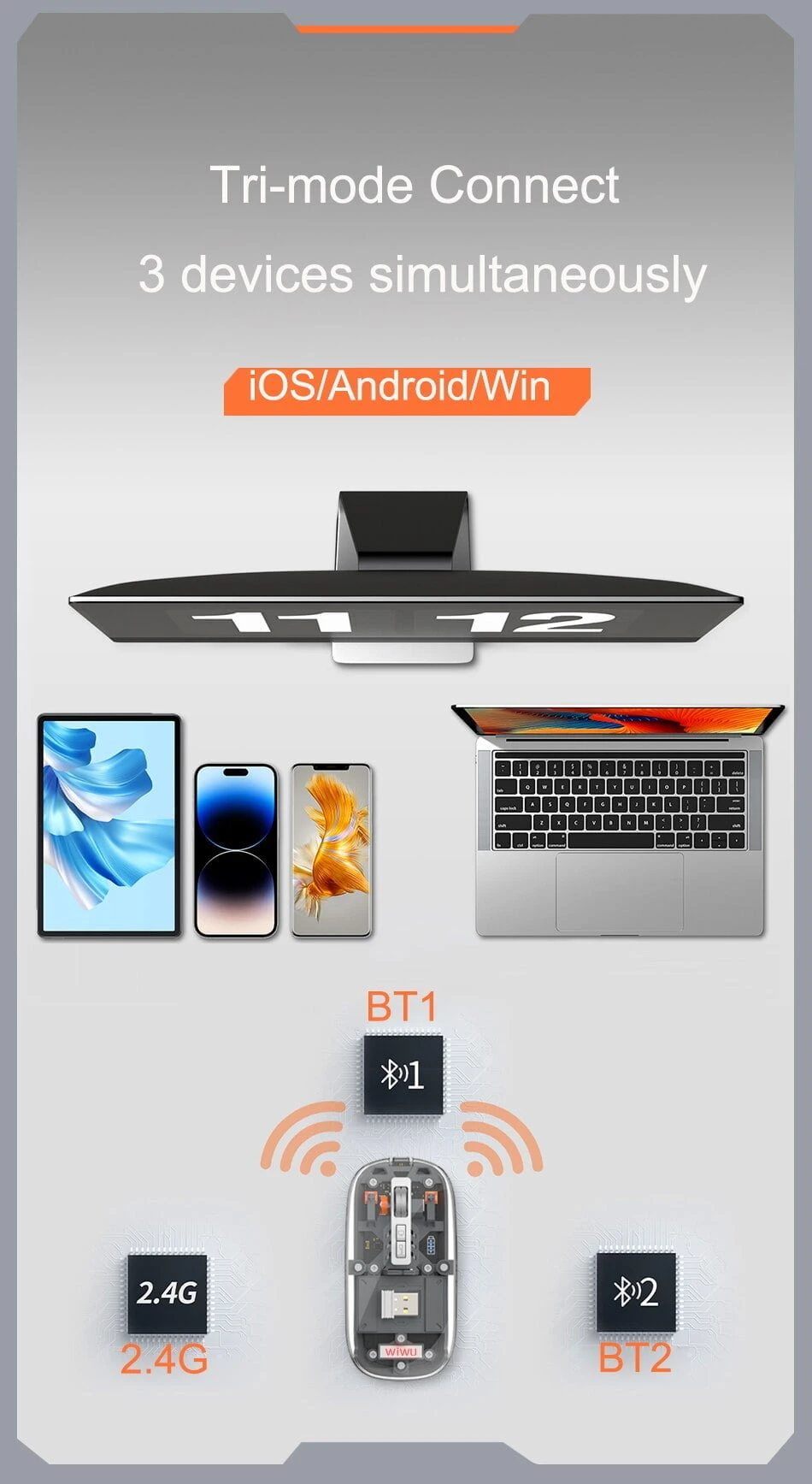 Trendy Hot Selling WIWU Crystal Transparent Wireless Mouse- Gray Color Inside