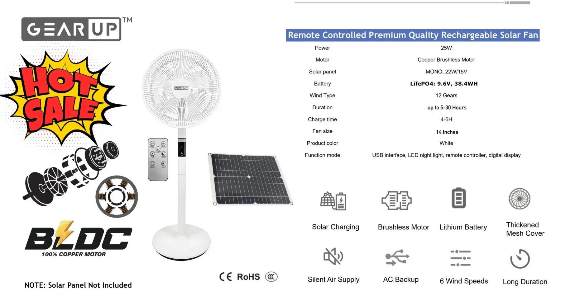GearUP GP90 – 14 inch Premium Rechargeable LifePO4 + BLDC AC+ DC+ Solar Stand Fan (Without Solar Panel)