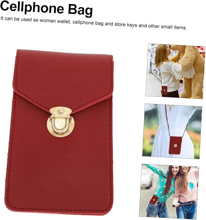 Women's PU Leather Phone Holder With Neck Strap Wallets Touch Screen Bags(Red)