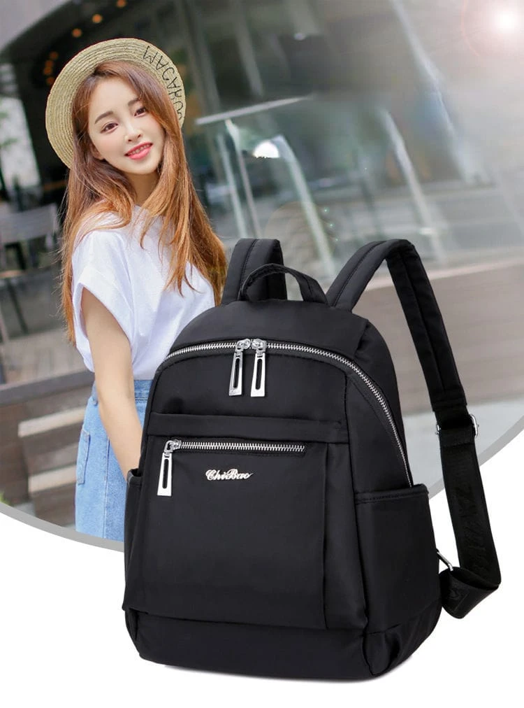 Nylon Backpack Durable Waterproof Casual Shoulder Bag (Black)