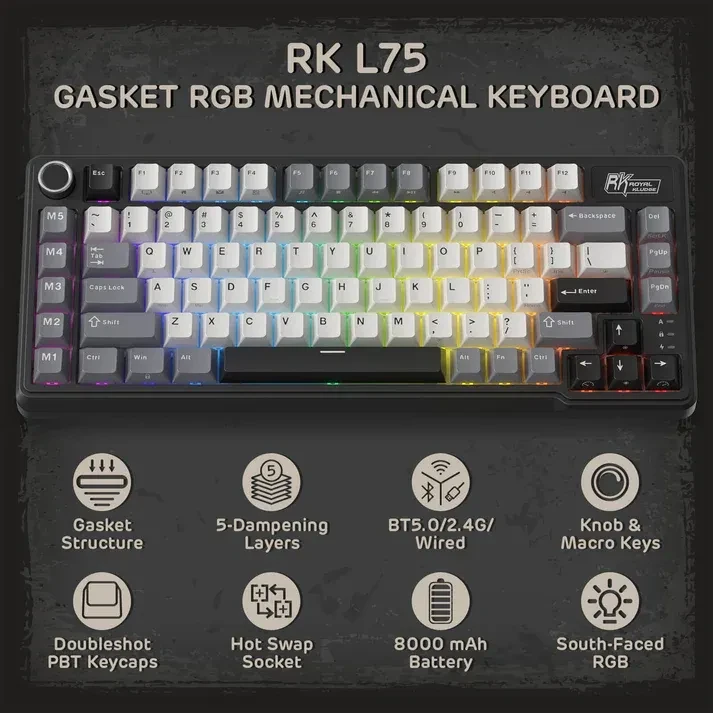 ROYAL KLUDGE RK L75 Tri-Mode Hot-Swappable Wireless Mechanical Gaming Keyboard – Mocha Grey